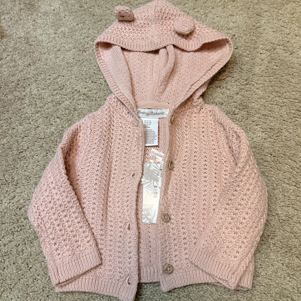 NWT Tommy Bahama Baby Girl Pink Sweater with Teddy bear ears